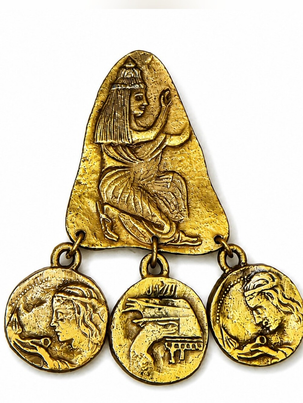 Vintage Brass-Tone Egyptian Revival With Coins Brooch